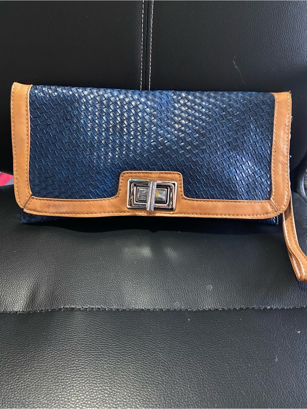 Yoki Woven Navy and Tan Clutch Wristlet